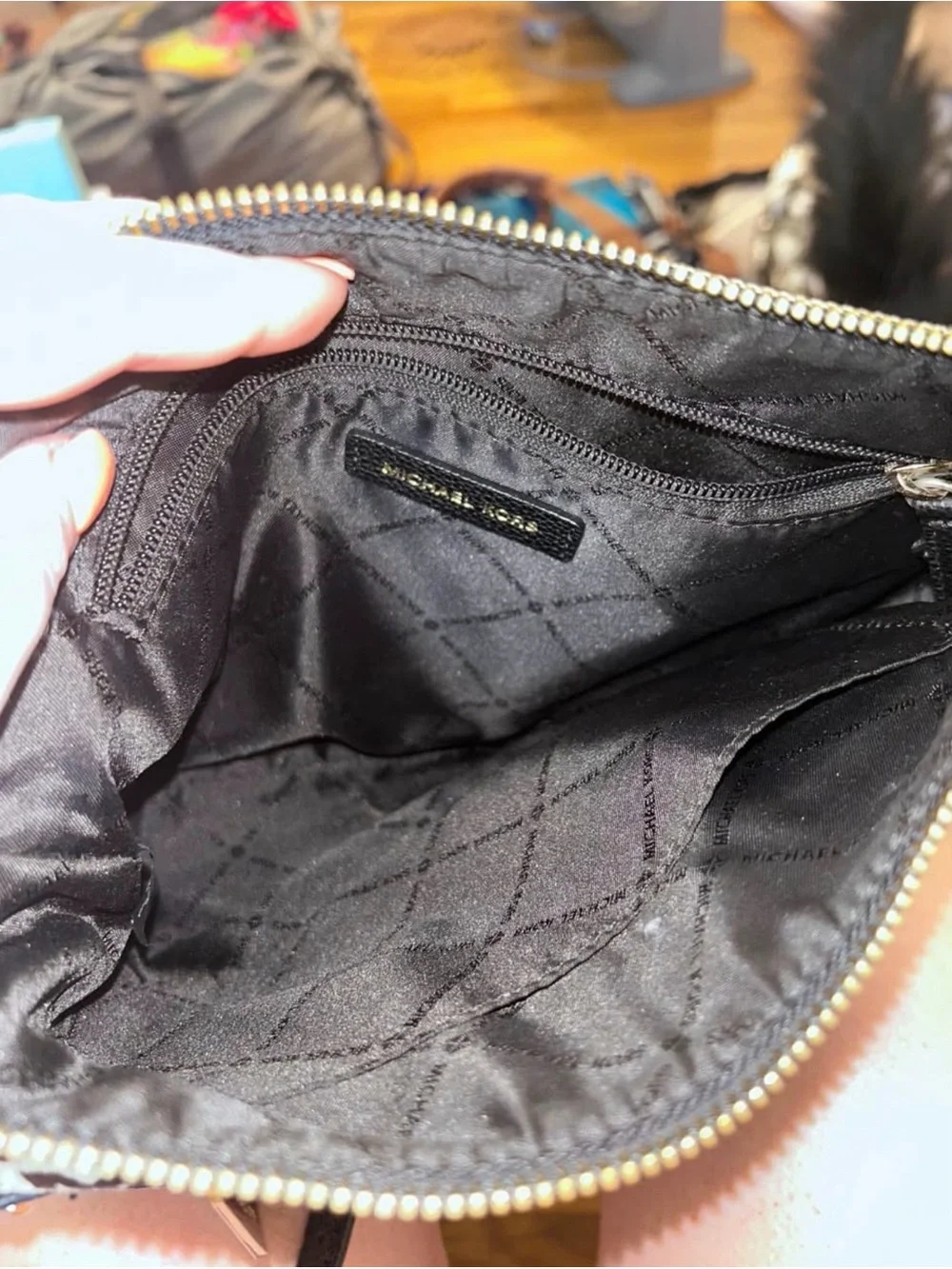 Michael Kors Brown MK Logo Crossbody with Black Leather Trim and Gold Charm